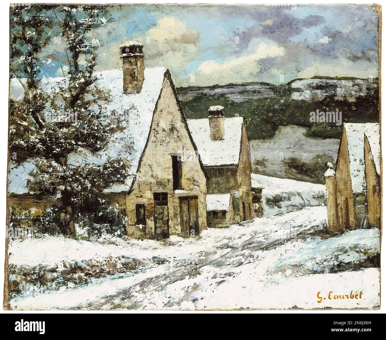 Gustave Courbet, Village Edge in inverno, pittura di paesaggio in olio su tela, circa 1868 Foto Stock