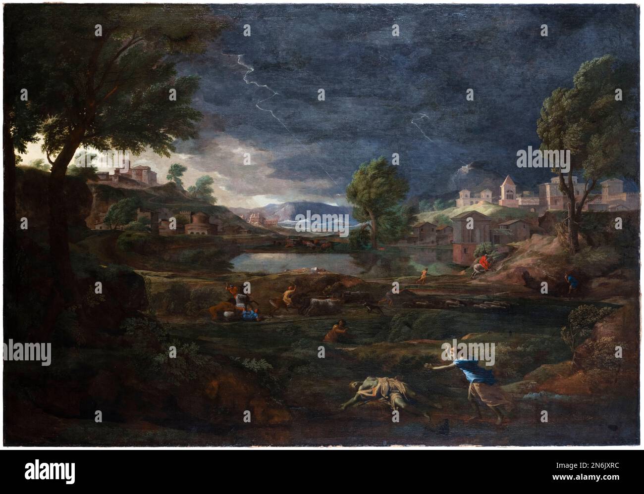 Nicolas Poussin, Paesaggio durante un temporale con Pyramus e Thisbe, pittura in olio su tela, 1651 Foto Stock