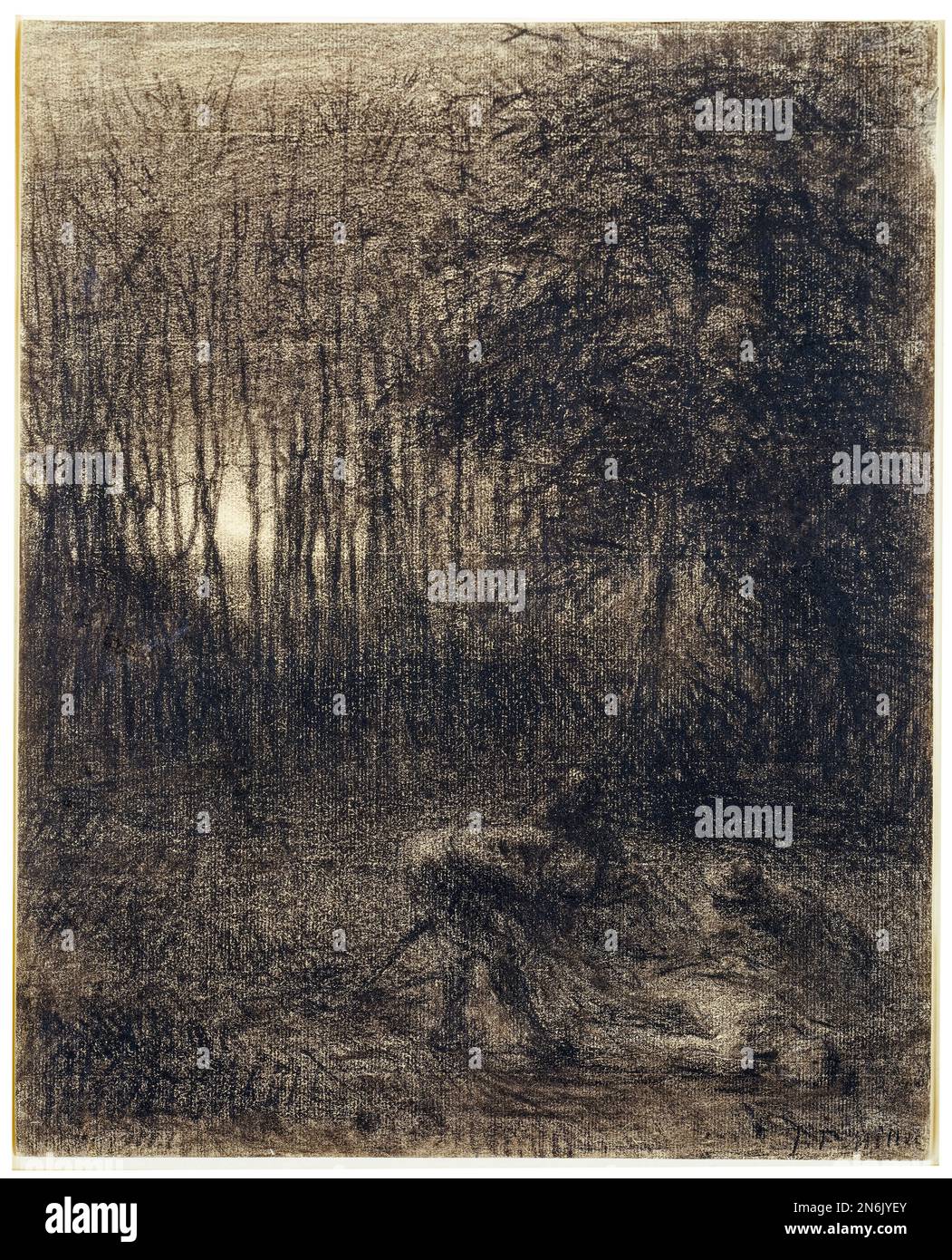 Jean Francois Millet, scena notturna in una foresta (scena notturna nei boschi), disegno in gesso, circa 1855 Foto Stock