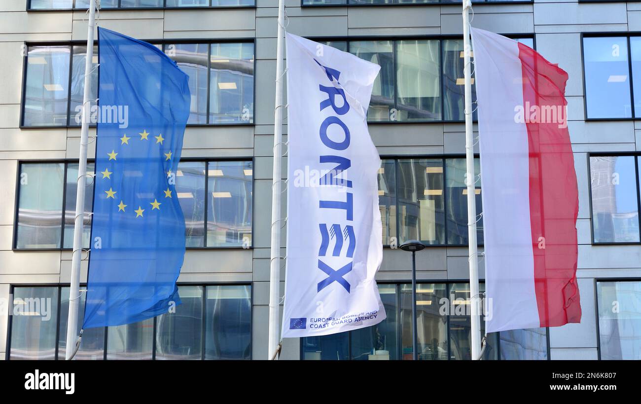 Varsavia, Polonia. 2 marzo 2021. Segnale Frontex.. Frontex promuove, coordina e sviluppa la gestione delle frontiere europee in linea con la piattaforma fondamentale dell'UE Foto Stock