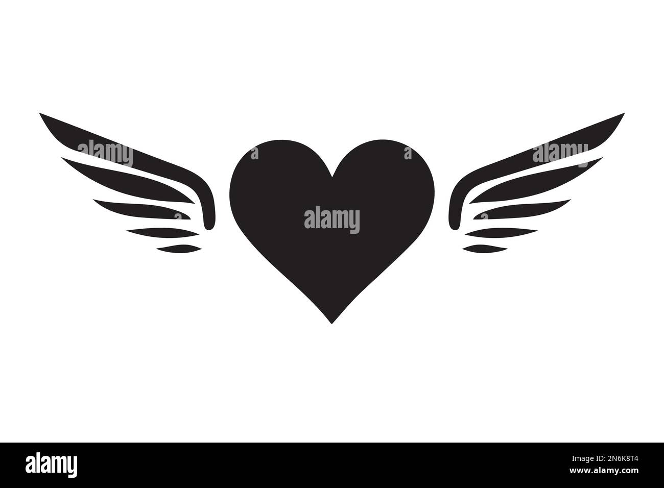 Cuore nero con l'icona delle ali isolato su sfondo bianco. Illustrazione vettoriale Illustrazione Vettoriale