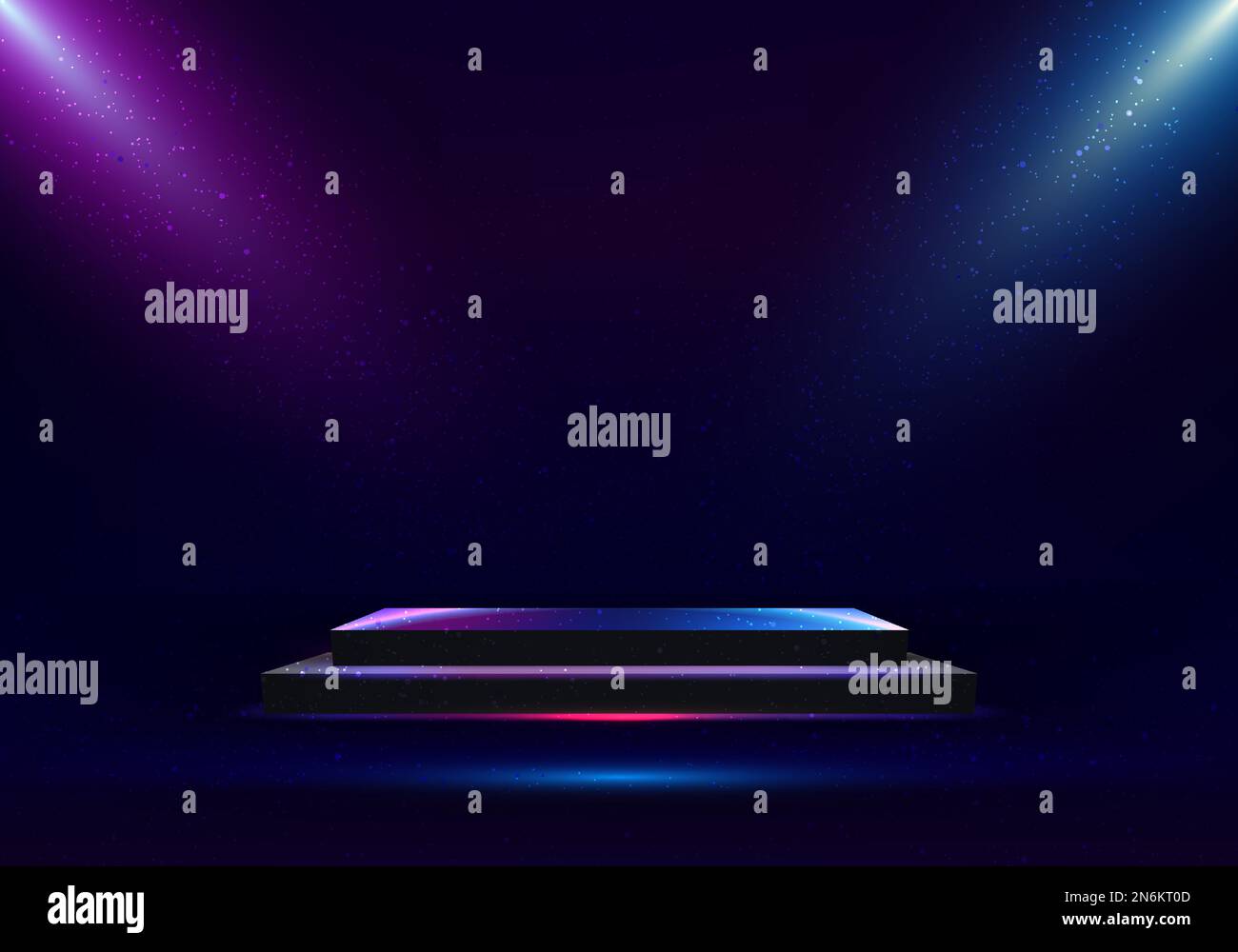 3D tecnologia realistica in stile cyberpunk piedistallo da podio nero vuoto con effetto luce al neon e particelle di polvere su sfondo scuro. Illustrazione Vettoriale