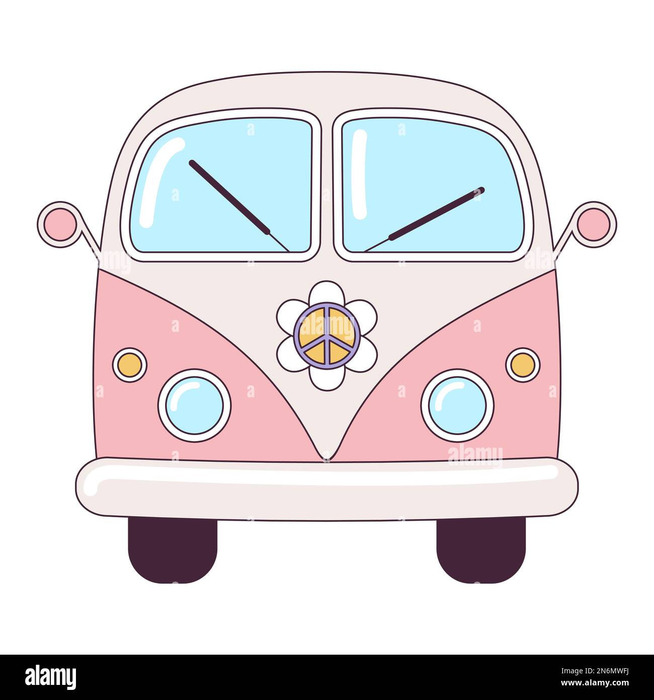 Hippie auto rosa vintage un mini van retrò bus 1960s, 60s, 70s. Groovy elemento cartoon psichedelico - illustrazione funky in stile hippie. Vettore piatto Illustrazione Vettoriale