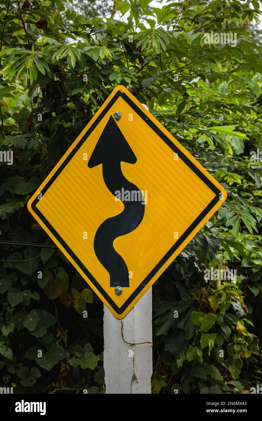 Simbolo di avvertimento delle curve gialle con foglie verdi sullo sfondo. Ko Lanta, Krabi, Thailandia. Foto Stock