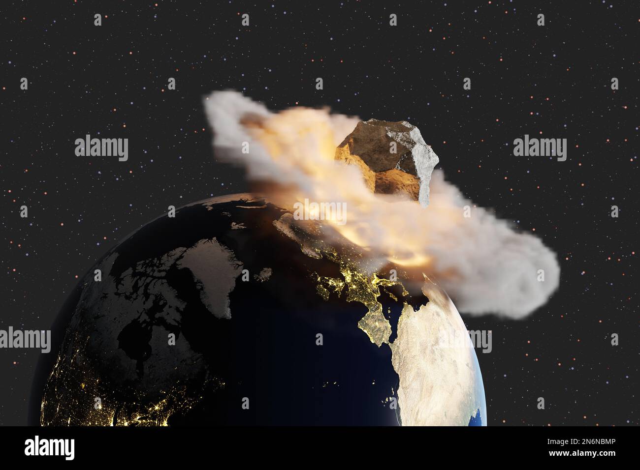 spazio esterno meteor che colpisce la Terra creando un anello di fumo e polvere. Illustrazione del concetto di asteroide che colpisce la Terra Foto Stock