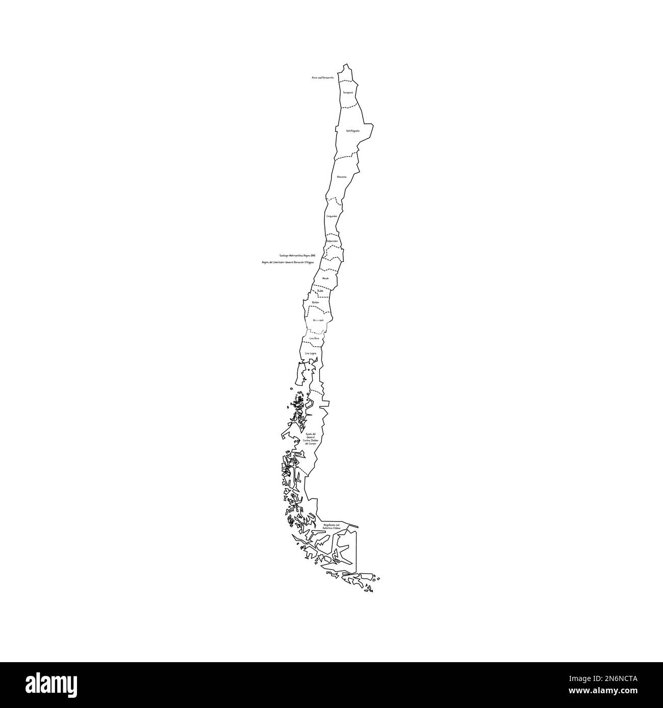 Cile carta politica delle divisioni amministrative - regioni. Mappa di stile doodle disegnata a mano con bordi di contorno neri ed etichette di nome. Illustrazione Vettoriale