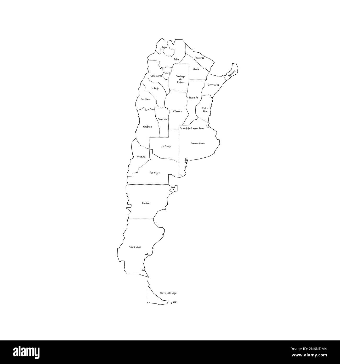 Argentina carta politica delle divisioni amministrative - province e città autonoma di Buenos Aires. Mappa di stile doodle disegnata a mano con bordi di contorno neri ed etichette di nome. Illustrazione Vettoriale