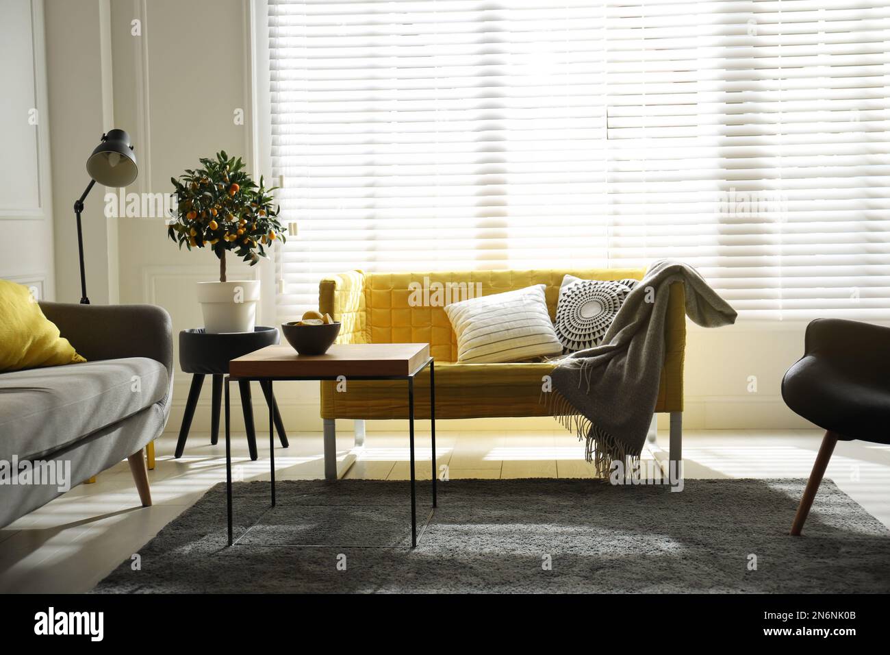 Elegante soggiorno con divani. Design degli interni nei colori grigio e giallo Foto Stock