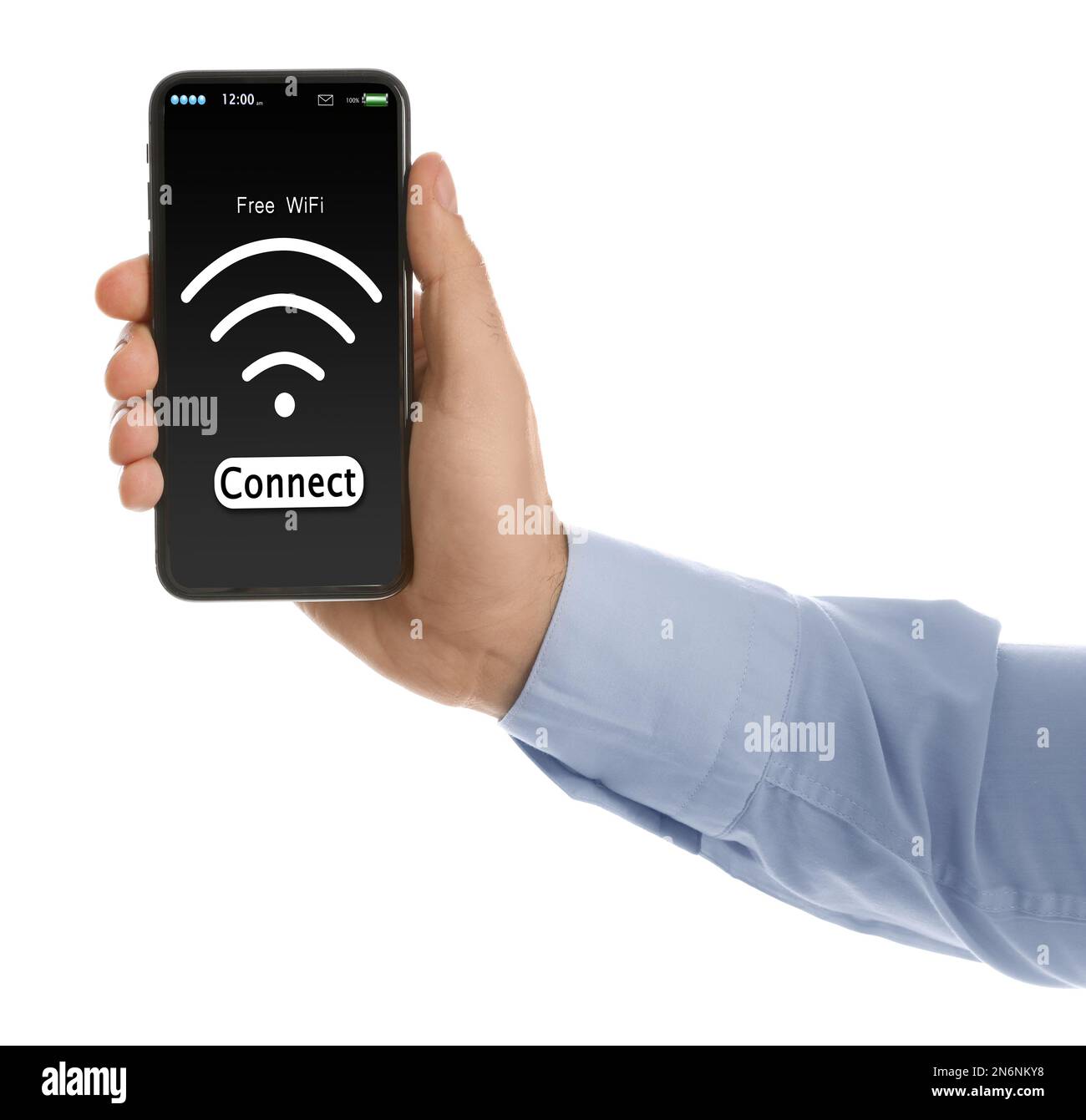 Uomo che si connette a WiFi utilizzando il telefono cellulare su sfondo bianco, primo piano Foto Stock