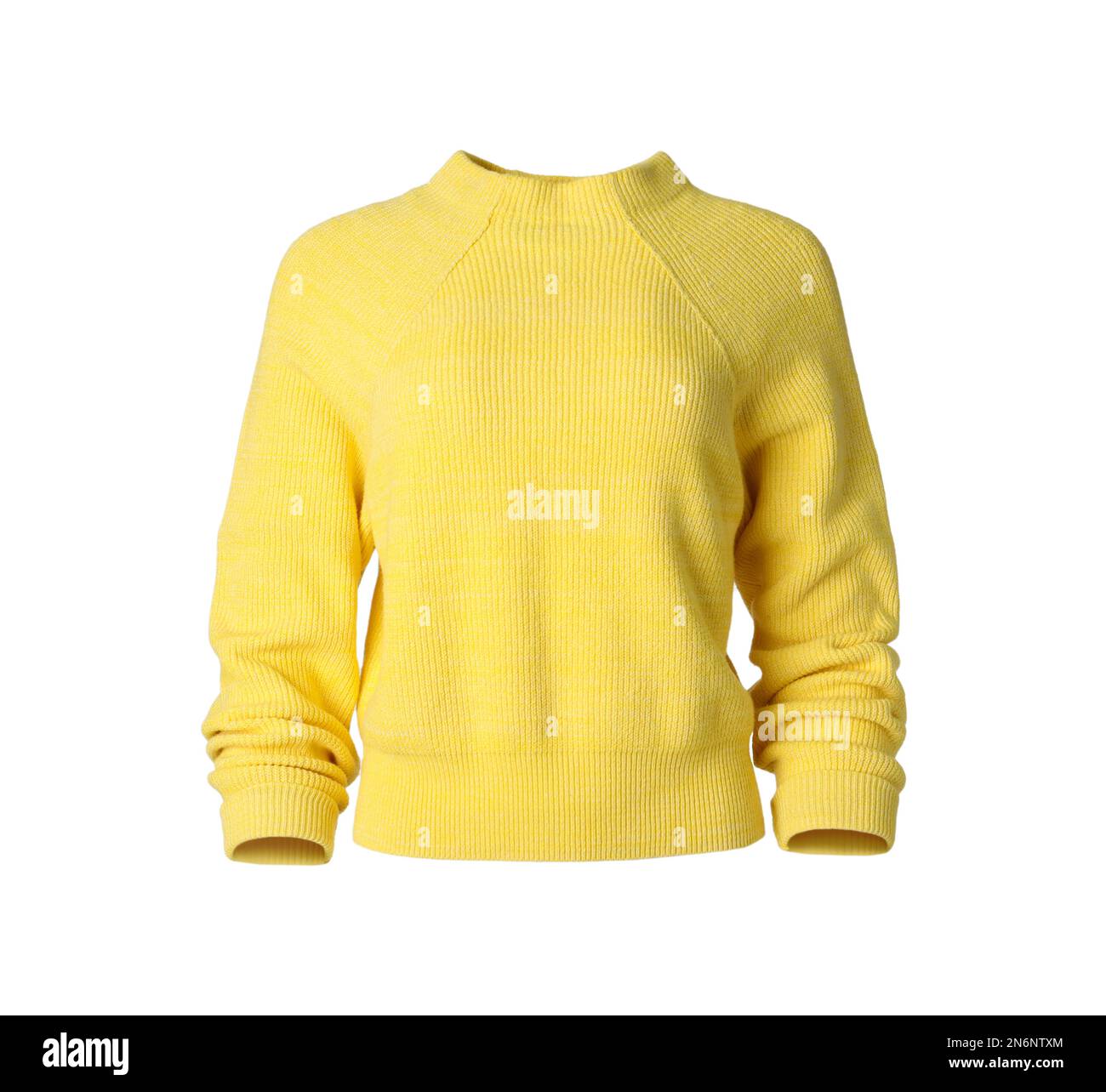 Elegante maglione a maglia giallo isolato su bianco Foto Stock