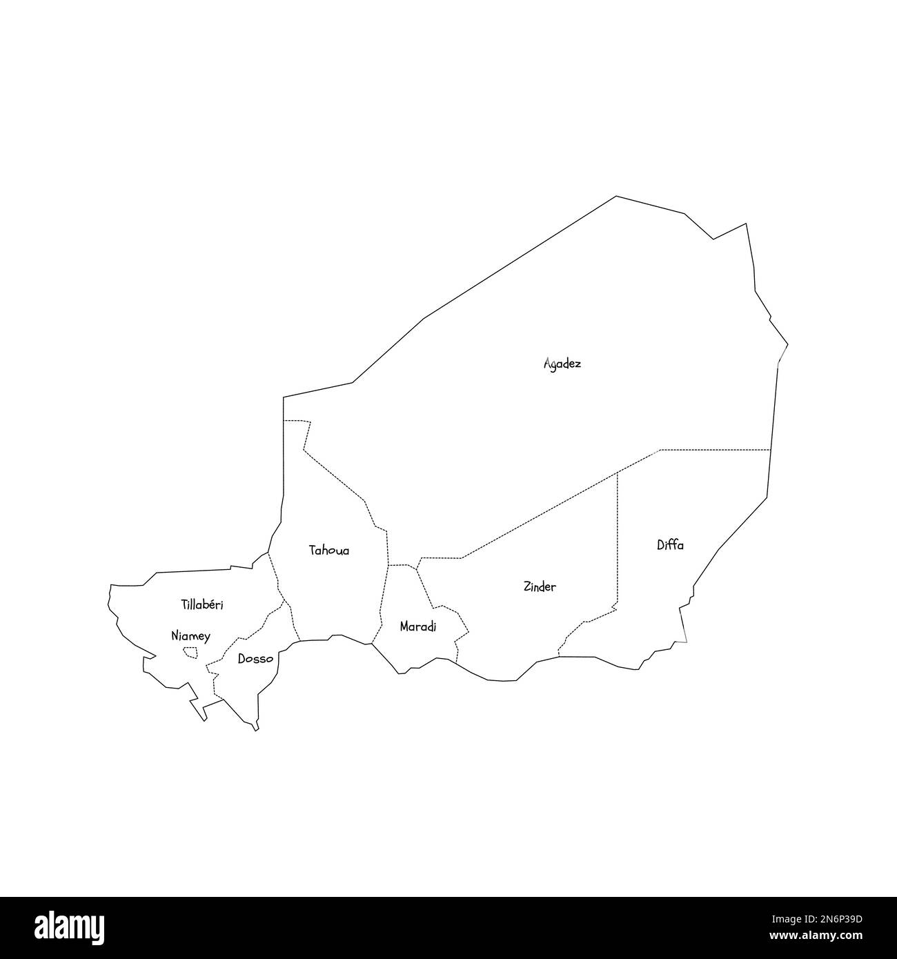 Niger carta politica delle divisioni amministrative - regioni e capitale di Niamey. Mappa di stile doodle disegnata a mano con bordi di contorno neri ed etichette di nome. Illustrazione Vettoriale