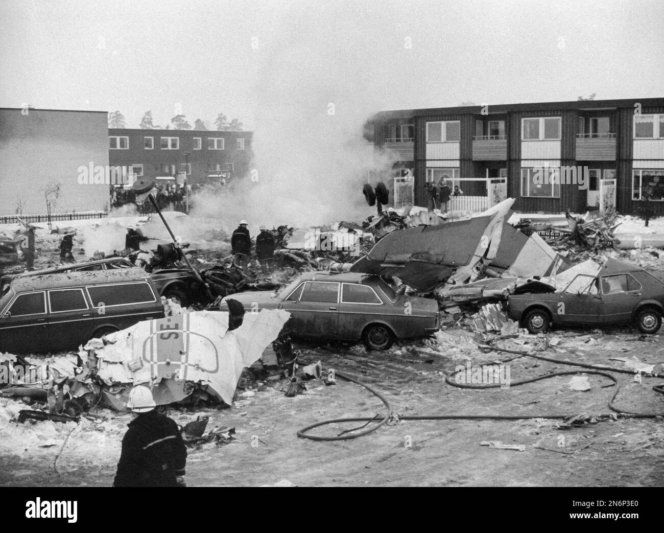 Uno dei peggiori incidenti aerei in Svezia è accaduto quando un aereo di linea si è schiantato in un'area cittadina nella parte occidentale di Stoccolma 1977.l'incidente è stato causato da ghiaccio atmospheric. Foto Stock