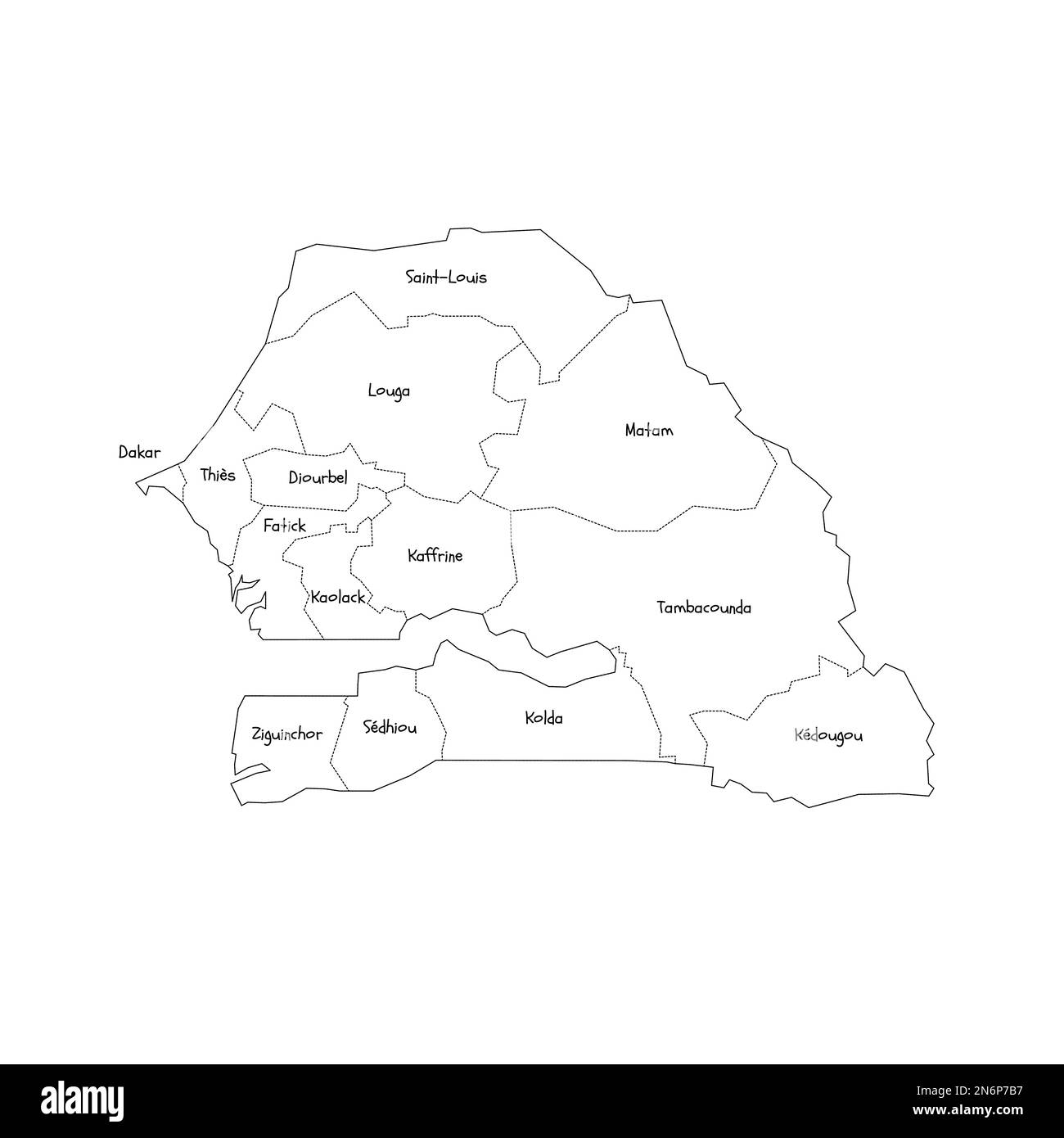 Senegal carta politica delle divisioni amministrative - regioni. Mappa di stile doodle disegnata a mano con bordi di contorno neri ed etichette di nome. Illustrazione Vettoriale