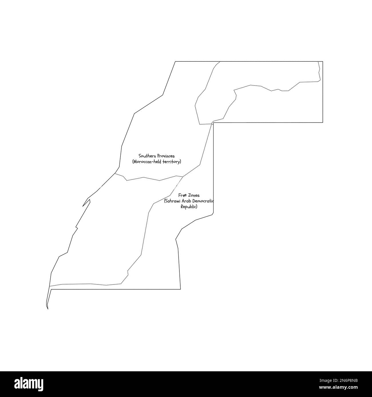 Mappa occidentale della terra divisa tra il Marocco e la Repubblica Araba Democratica del Sahara dal Muro del Sahara Occidentale del Marocco. Mappa di stile doodle disegnata a mano con bordi di contorno neri ed etichette di nome. Illustrazione Vettoriale