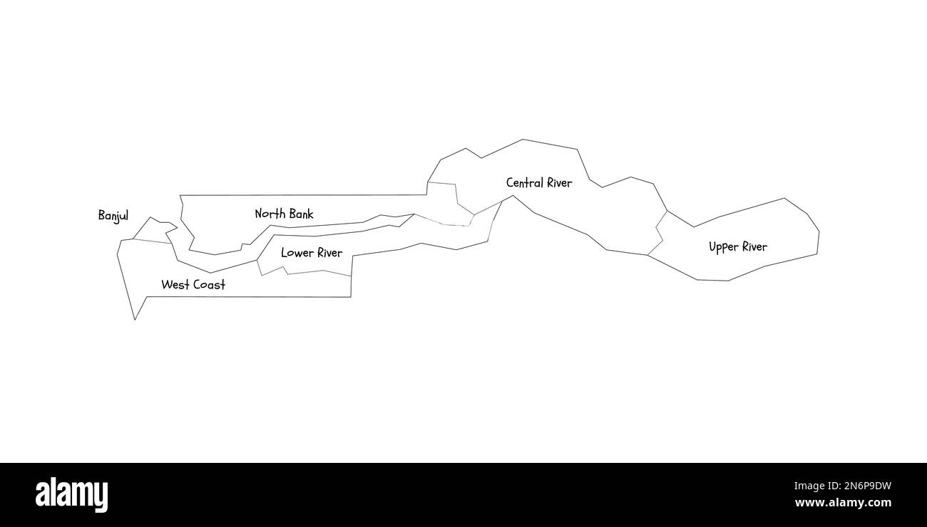 La mappa politica della Gambia delle divisioni amministrative - regioni e città di Banjul. Mappa di stile doodle disegnata a mano con bordi di contorno neri ed etichette di nome. Illustrazione Vettoriale