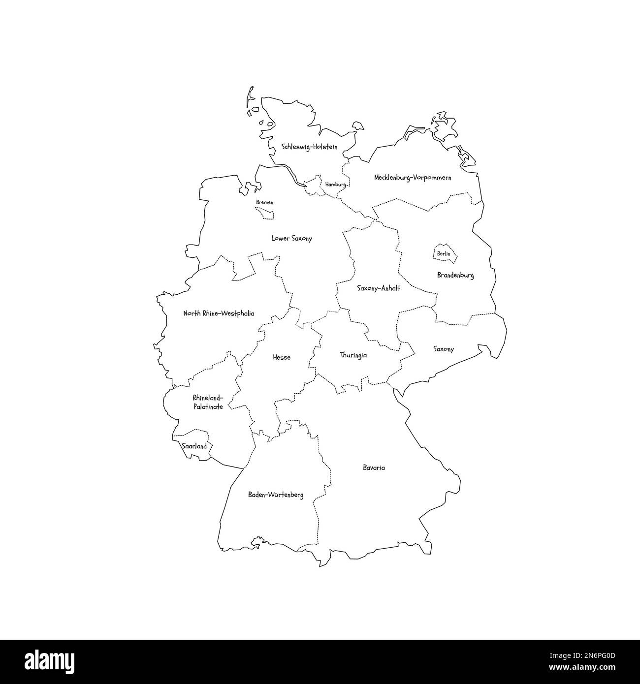 Germania carta politica delle divisioni amministrative - stati federali. Mappa di stile doodle disegnata a mano con bordi di contorno neri ed etichette di nome. Illustrazione Vettoriale