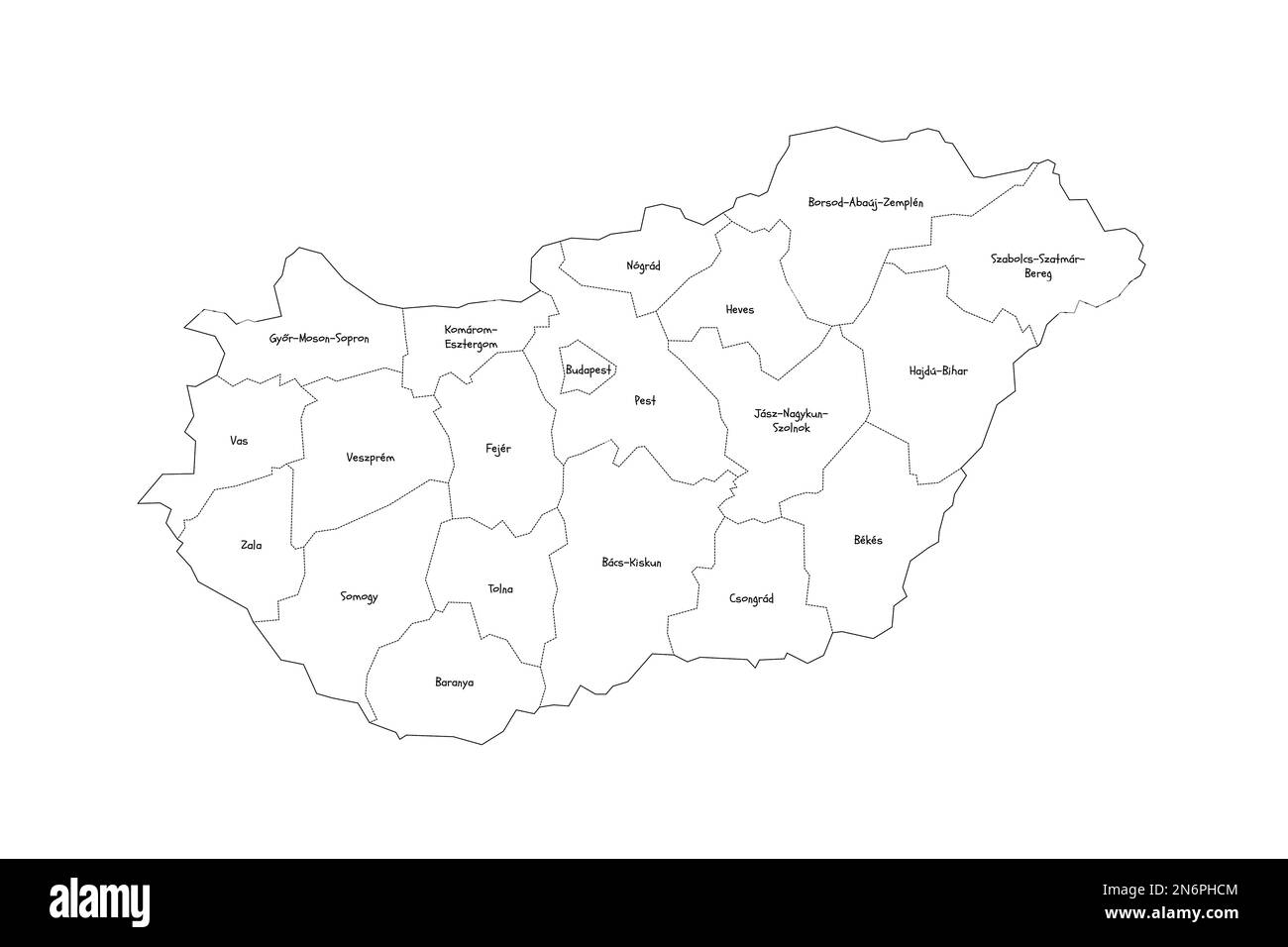 Ungheria carta politica delle divisioni amministrative - contee e città autonoma di Budapest. Mappa di stile doodle disegnata a mano con bordi di contorno neri ed etichette di nome. Illustrazione Vettoriale