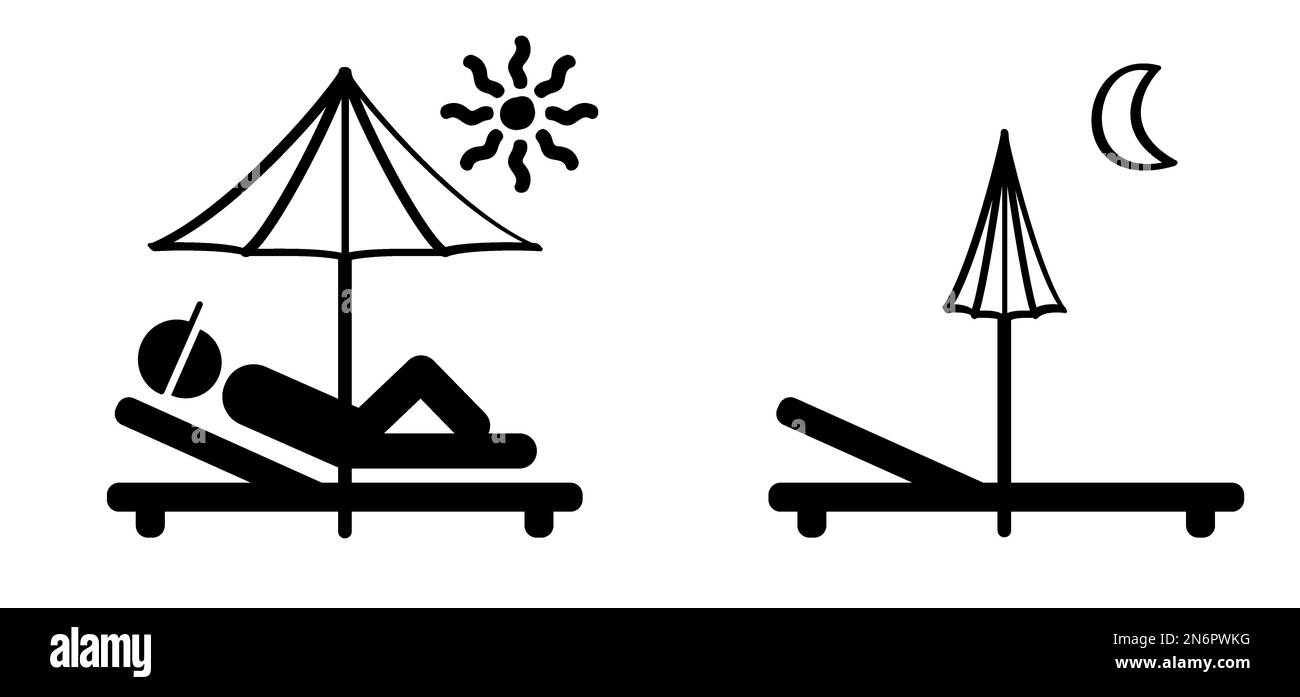 Cartone animato rilassa stickman, bastone figura uomo seduto con le gambe incrociate nella luce del sole o raggi di sole e ombrellone. Raggi luminosi. Mare per prendere un Foto Stock