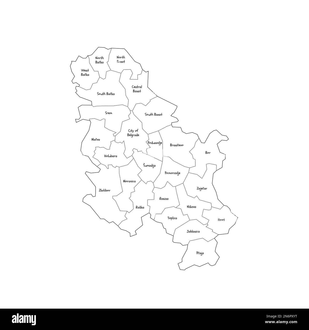 Serbia mappa politica delle divisioni amministrative - okrums e città autonoma di Belgrado. Mappa di stile doodle disegnata a mano con bordi di contorno neri ed etichette di nome. Illustrazione Vettoriale