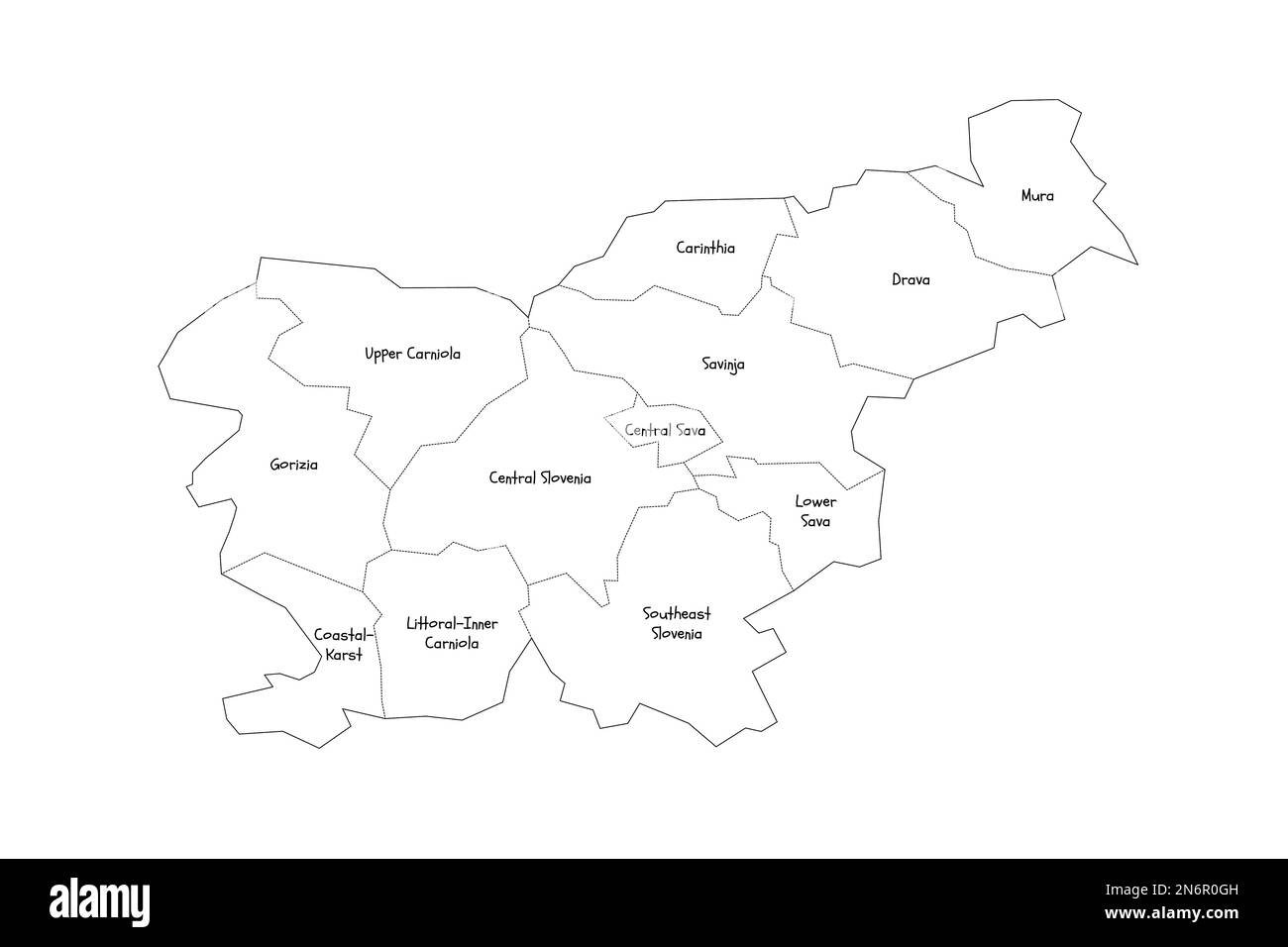 Slovenia carta politica delle divisioni amministrative - regioni statistiche. Mappa di stile doodle disegnata a mano con bordi di contorno neri ed etichette di nome. Illustrazione Vettoriale