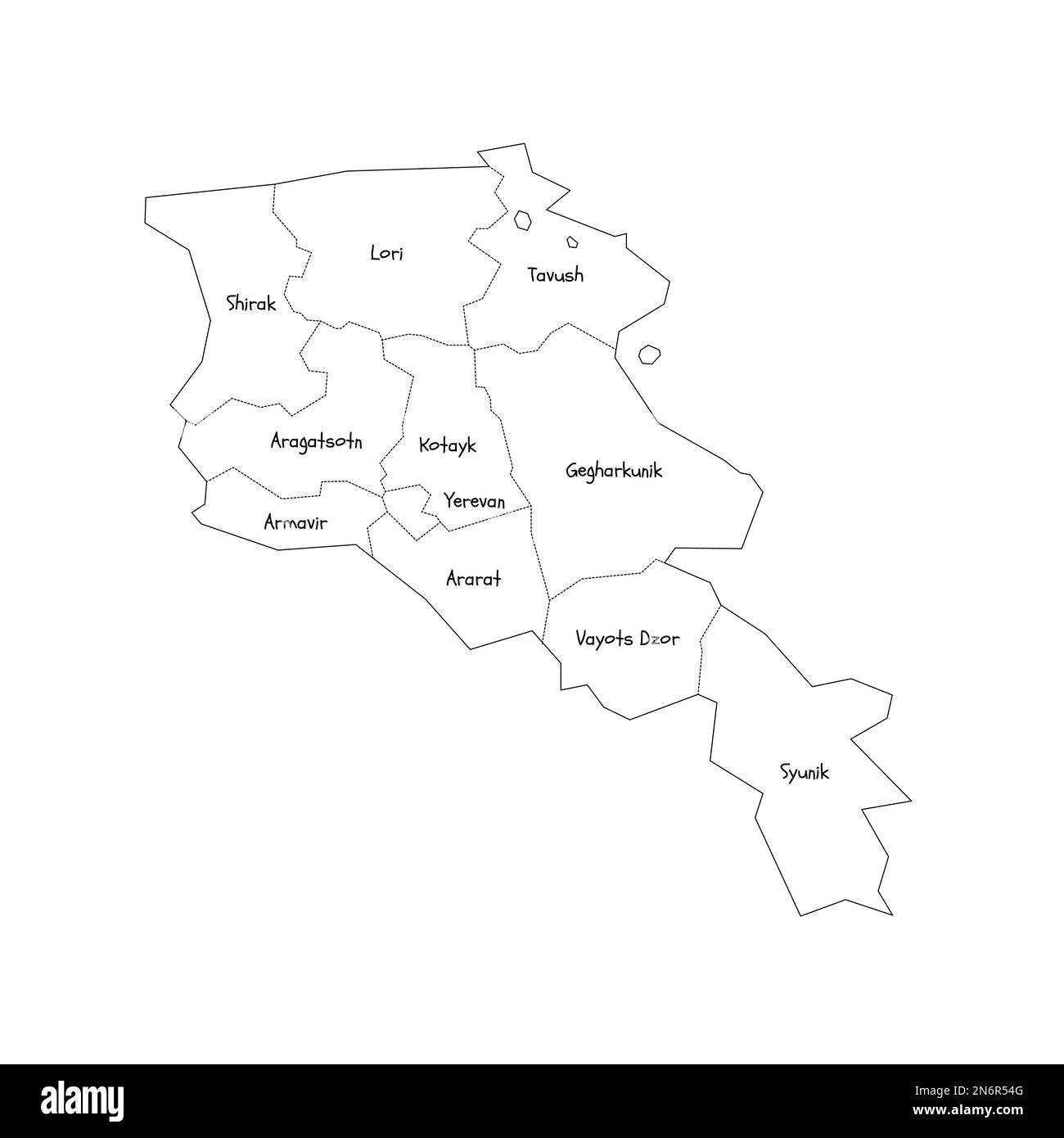 Armenia carta politica delle divisioni amministrative - province e città autonoma di Yerevan. Mappa di stile doodle disegnata a mano con bordi di contorno neri ed etichette di nome. Illustrazione Vettoriale
