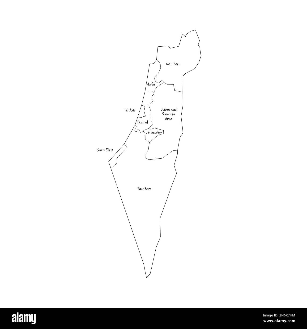 Israele mappa politica delle divisioni amministrative - distretti, striscia di Gaza e Judea e Samaria Area. Mappa di stile doodle disegnata a mano con bordi di contorno neri ed etichette di nome. Illustrazione Vettoriale