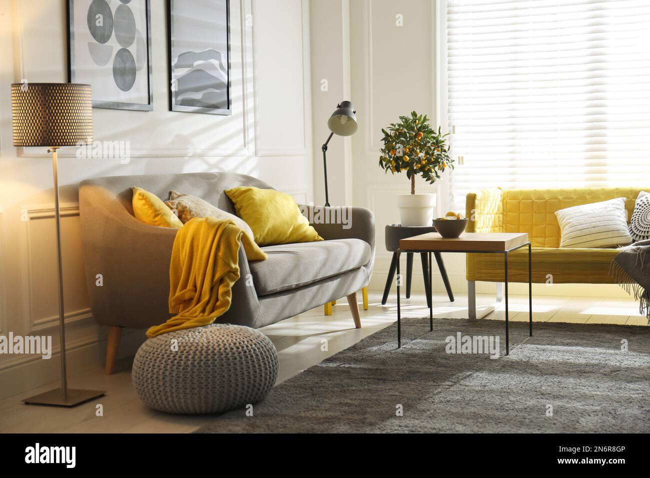Elegante soggiorno con divani. Design degli interni nei colori grigio e giallo Foto Stock