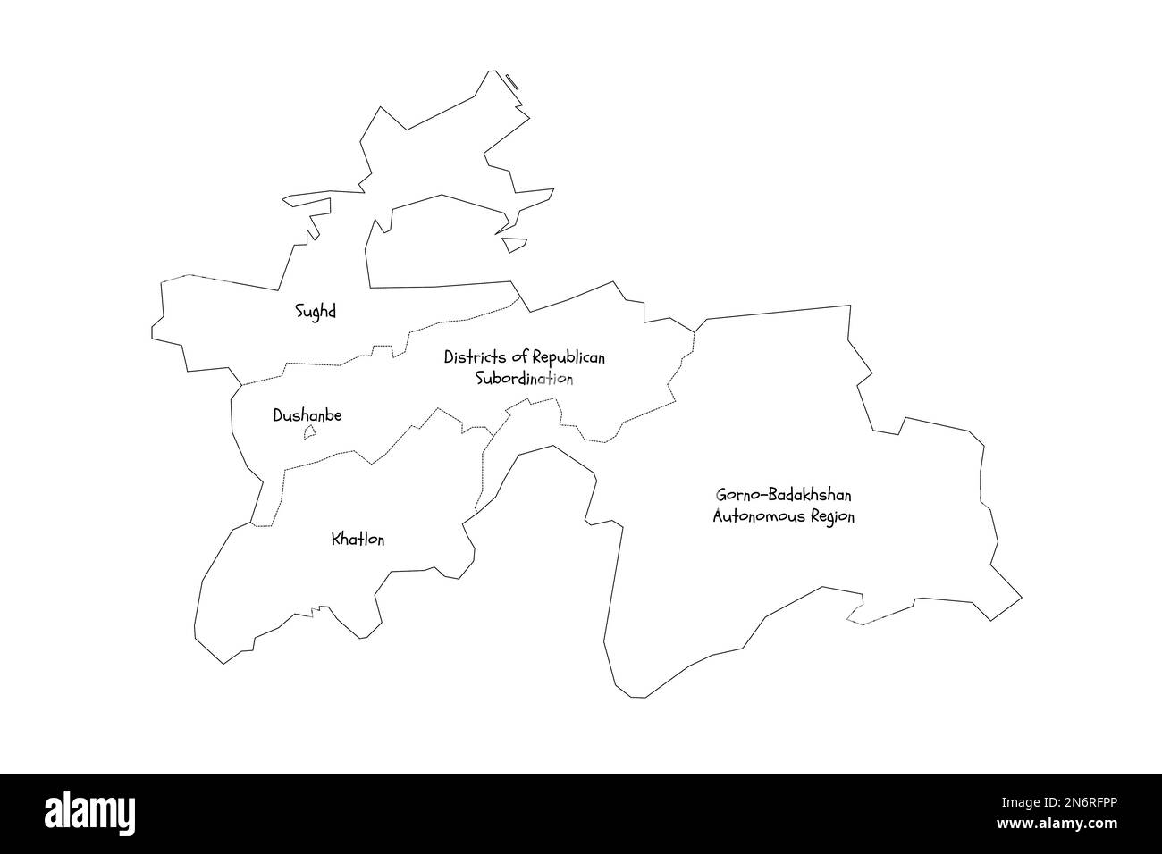 Tagikistan mappa politica delle divisioni amministrative - regioni, regione autonoma di Gorno-Badakhshan, distretti di subordinazione repubblicana e città capitale di Dushanbe. Mappa di stile doodle disegnata a mano con bordi di contorno neri ed etichette di nome. Illustrazione Vettoriale