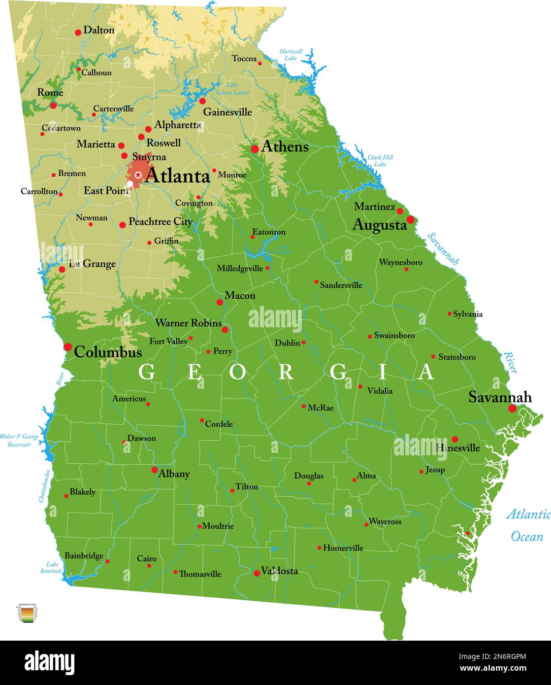 Mappa fisica altamente dettagliata della Georgia, in formato vettoriale, con tutte le forme di rilievo, regioni e grandi città. Illustrazione Vettoriale
