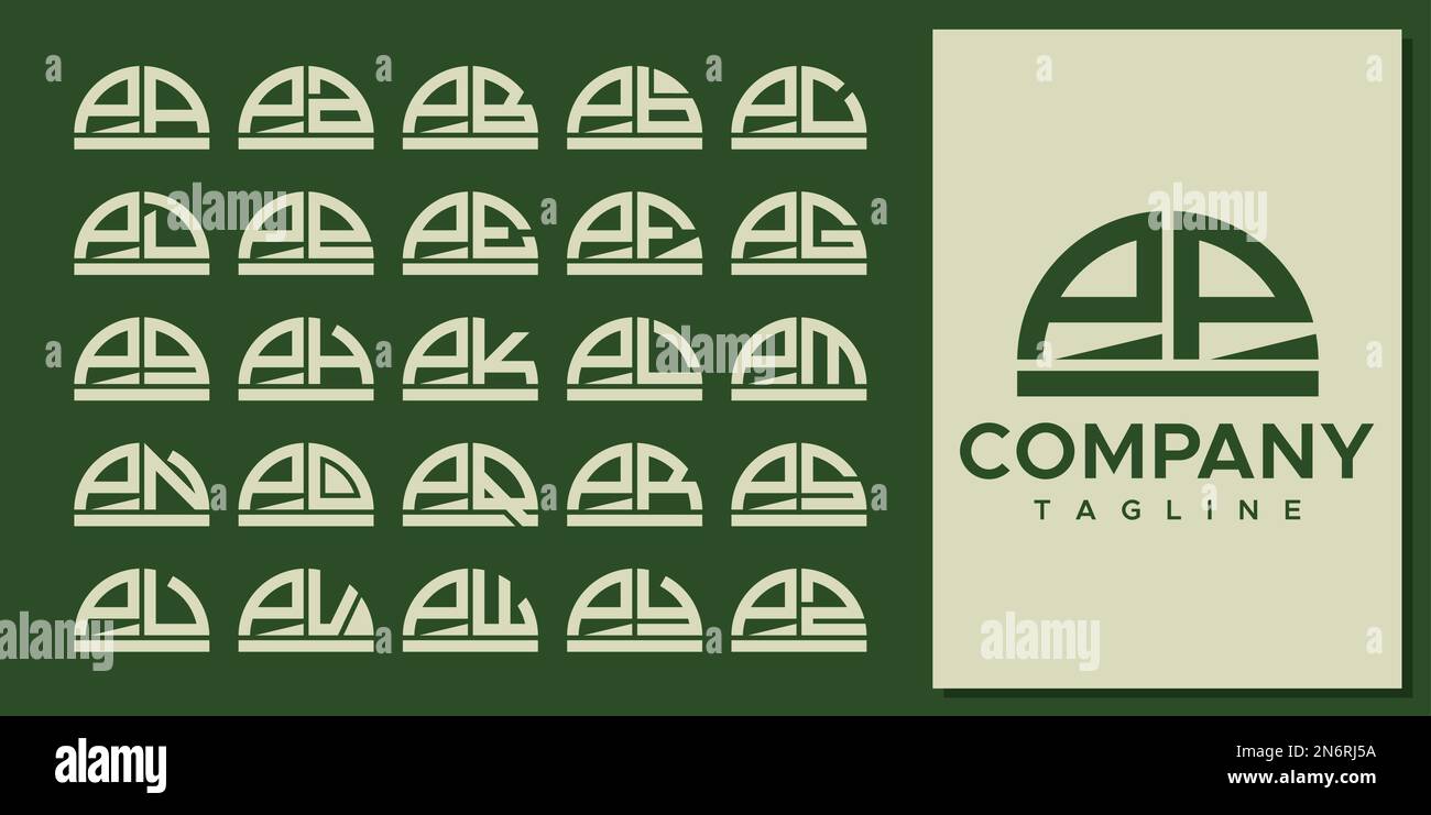 Set astratto con logo P a forma di semicerchio. Logo a lettere in PP ricurvo moderno. Illustrazione Vettoriale
