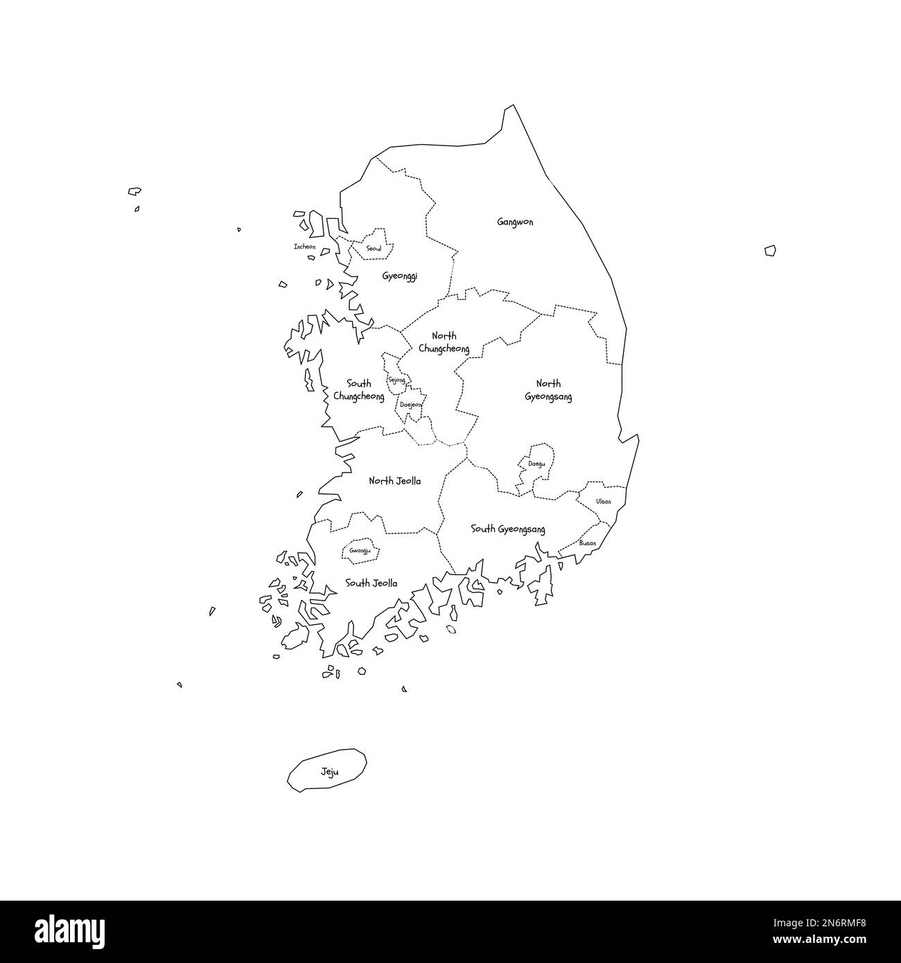 Corea del Sud mappa politica delle divisioni amministrative - province, città metropolitane, città speciale di Seolu e città speciali auto-governanti di Sejong. Mappa di stile doodle disegnata a mano con bordi di contorno neri ed etichette di nome. Illustrazione Vettoriale