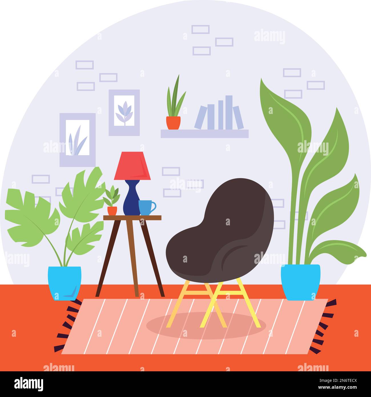 Urban Greenery at Home Concept, accogliente Casa Giardino arredato in stile Hygge vettore colore icona design, Green Office simbolo, Eco friendly Workspace segno Illustrazione Vettoriale