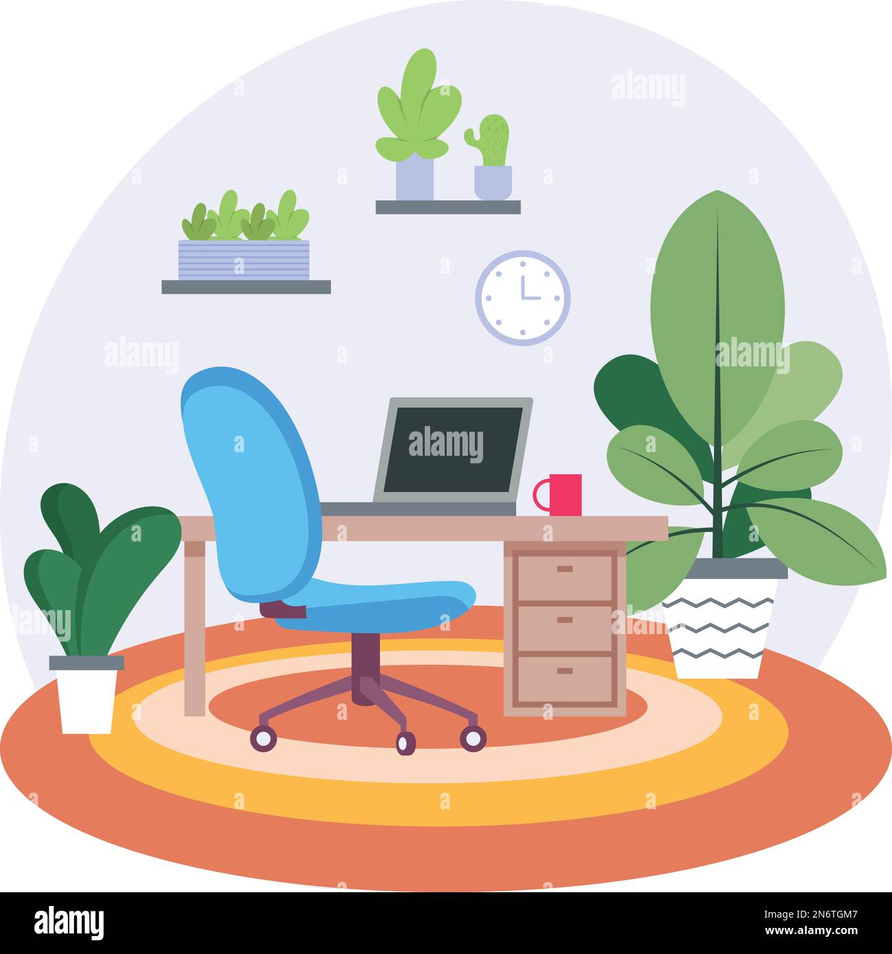 Concetto di lavoro da casa, design delle icone a colori vettoriali per lo spazio virtuale ispirato a Biomimicry, simbolo Green Office, cartello Eco friendly Workspace, interni moderni Illustrazione Vettoriale