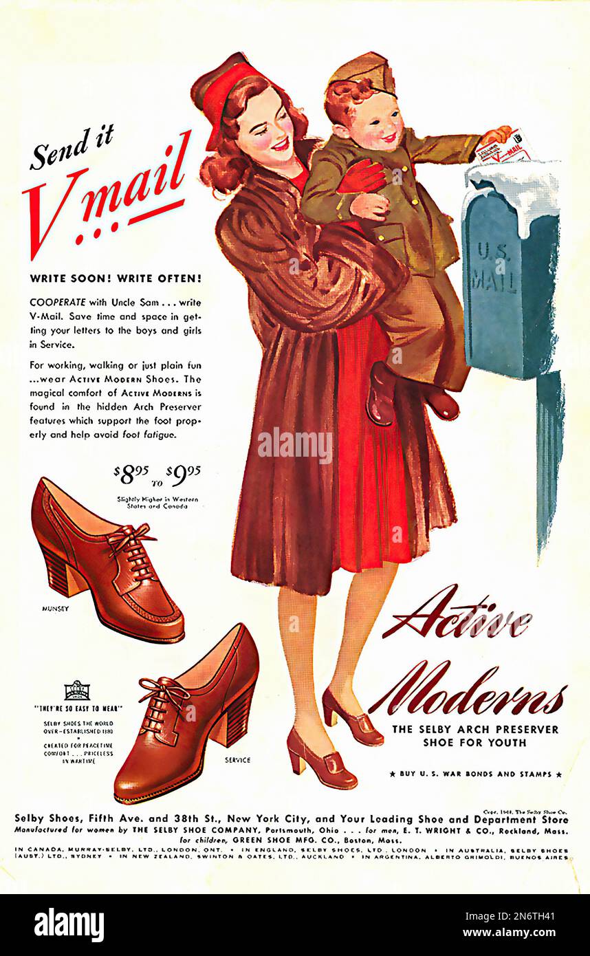 1944 - Scrivi presto, scrivi spesso - Selby Shoes - pubblicità americana (USA) durante la seconda guerra mondiale Foto Stock