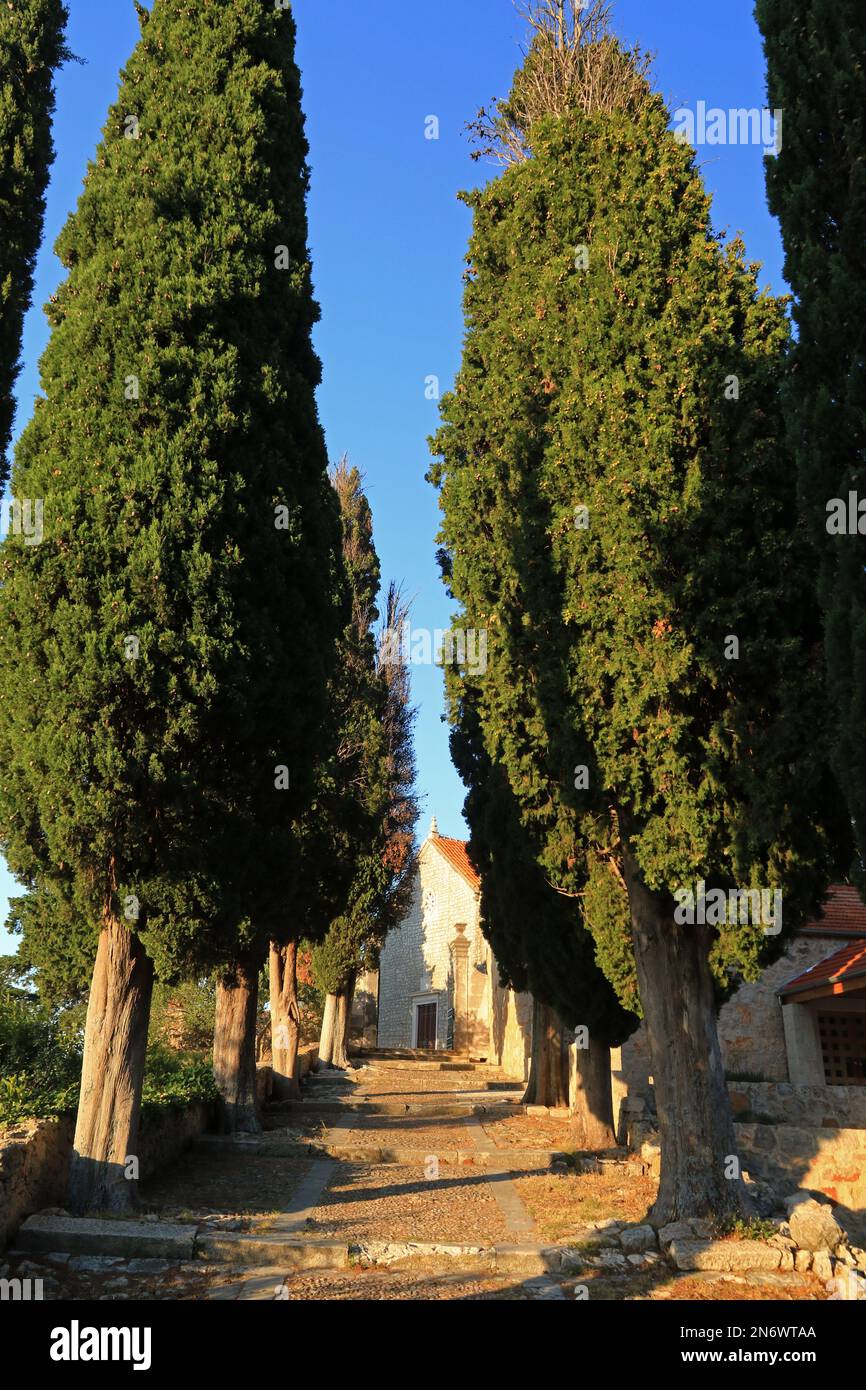 Paesaggio del villaggio di Vrisnik sull'isola di Hvar, Croazia Foto Stock