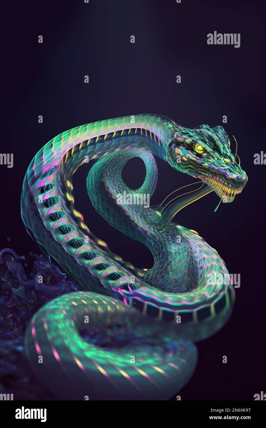 Un'illustrazione verticale di un lungo serpente-drago verde mitico isolato sullo sfondo scuro vuoto Foto Stock