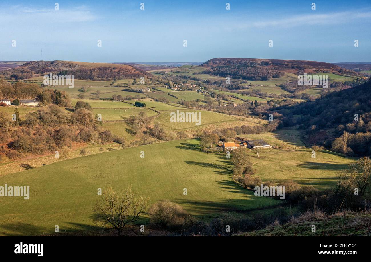Viste del villaggio di Hawnby, di Hawnby Hill, di Easterside Hill e del paesaggio circostante di North York Moors da Peak Scar Road, North Yorkshire, Inghilterra, Regno Unito Foto Stock
