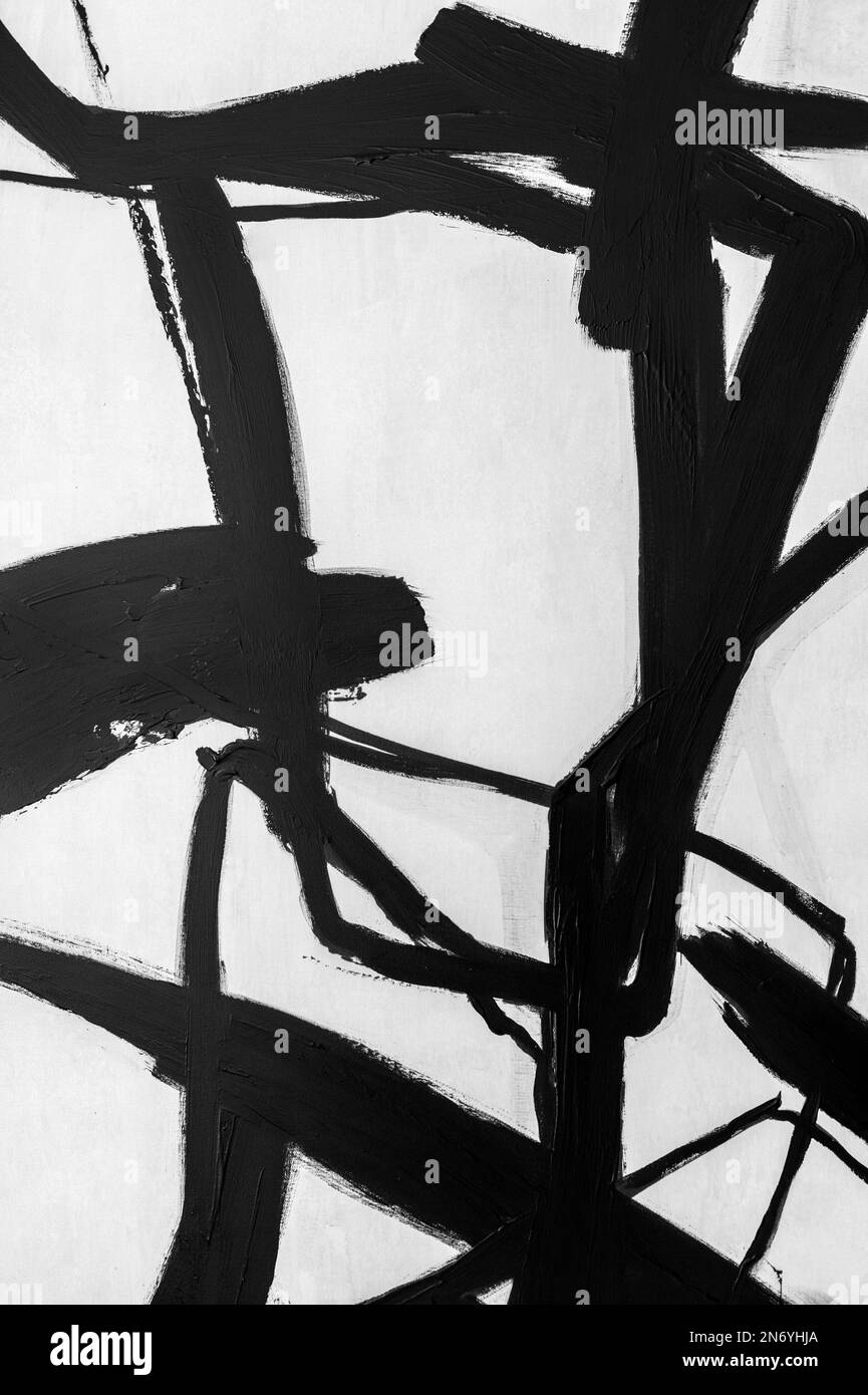 Pittura, arte contemporanea con linee nere su sfondo grigio Foto Stock