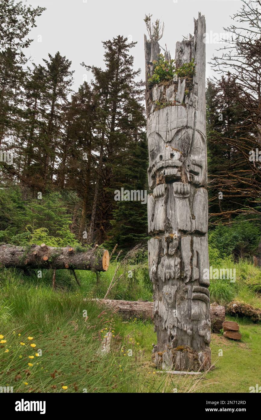 Asta mortuaria con figura di orso, S'Gaang Gwaii, Haida Gwaii, BC Foto Stock