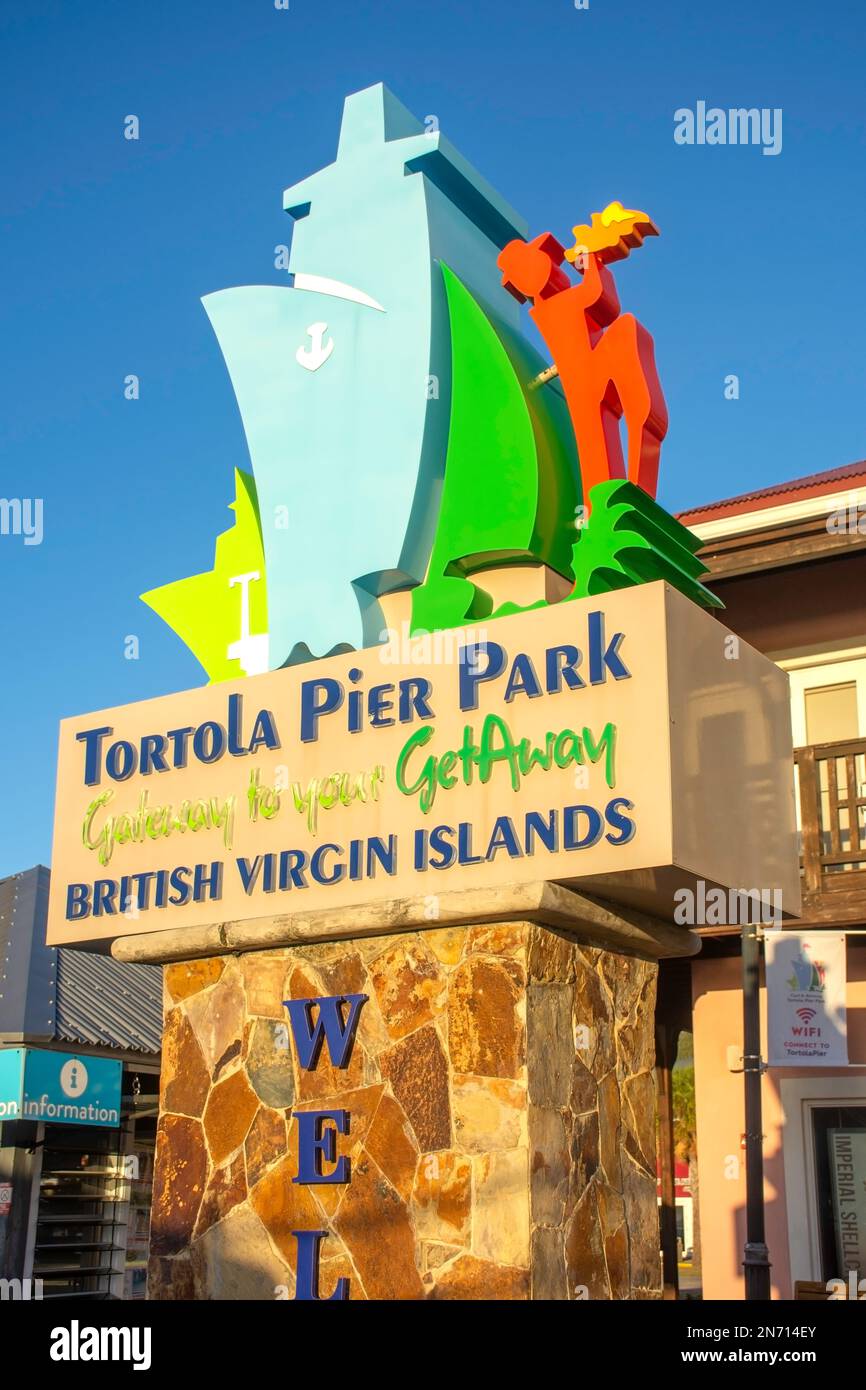 Cartello Tortola Pier Park a Sunrise Road Town, Tortola, le Isole Vergini Britanniche (BVI), piccole Antille, Caraibi Foto Stock