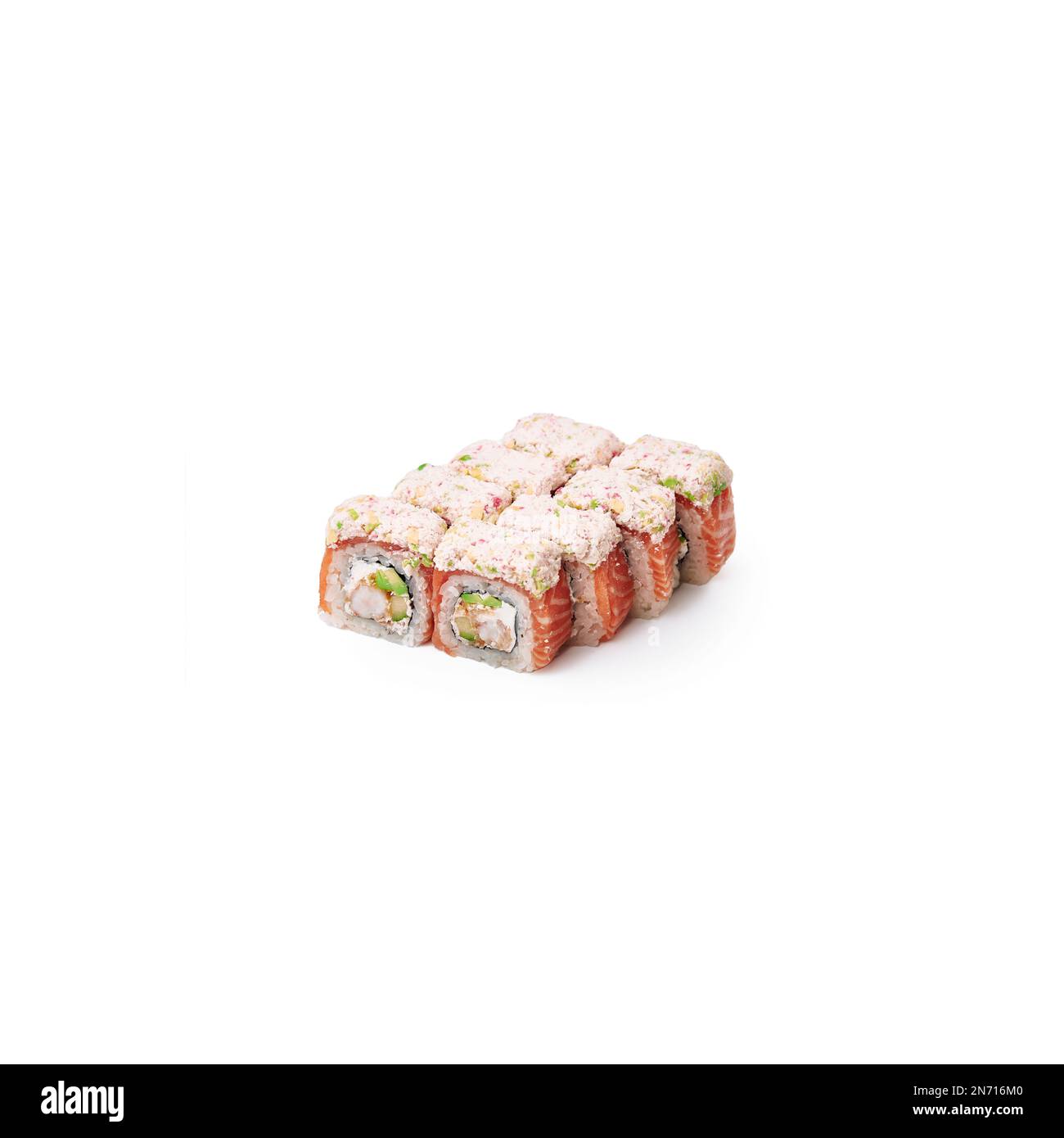 Il set di 8 sushi rotoli chiamati Kaitaiki rotoli isolati su uno sfondo bianco Foto Stock