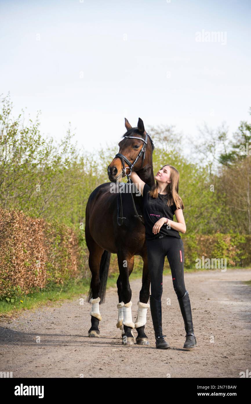 Ragazza adolescente con cavallo marrone Foto Stock