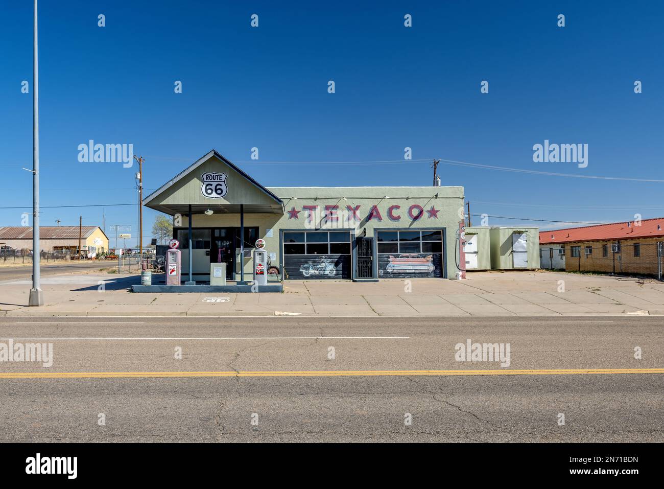 Old Texaco gas Station, Tucumcari, Route 66, America, Stati Uniti Foto Stock