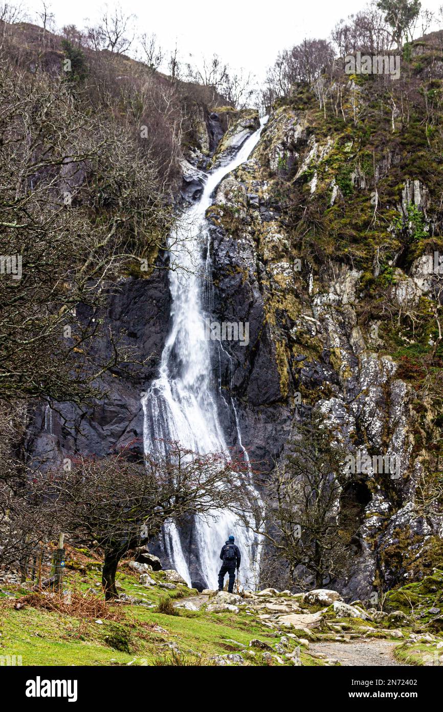 Un camminatore si trova in mezzo alle cascate di Aber in Snowdonia Foto Stock