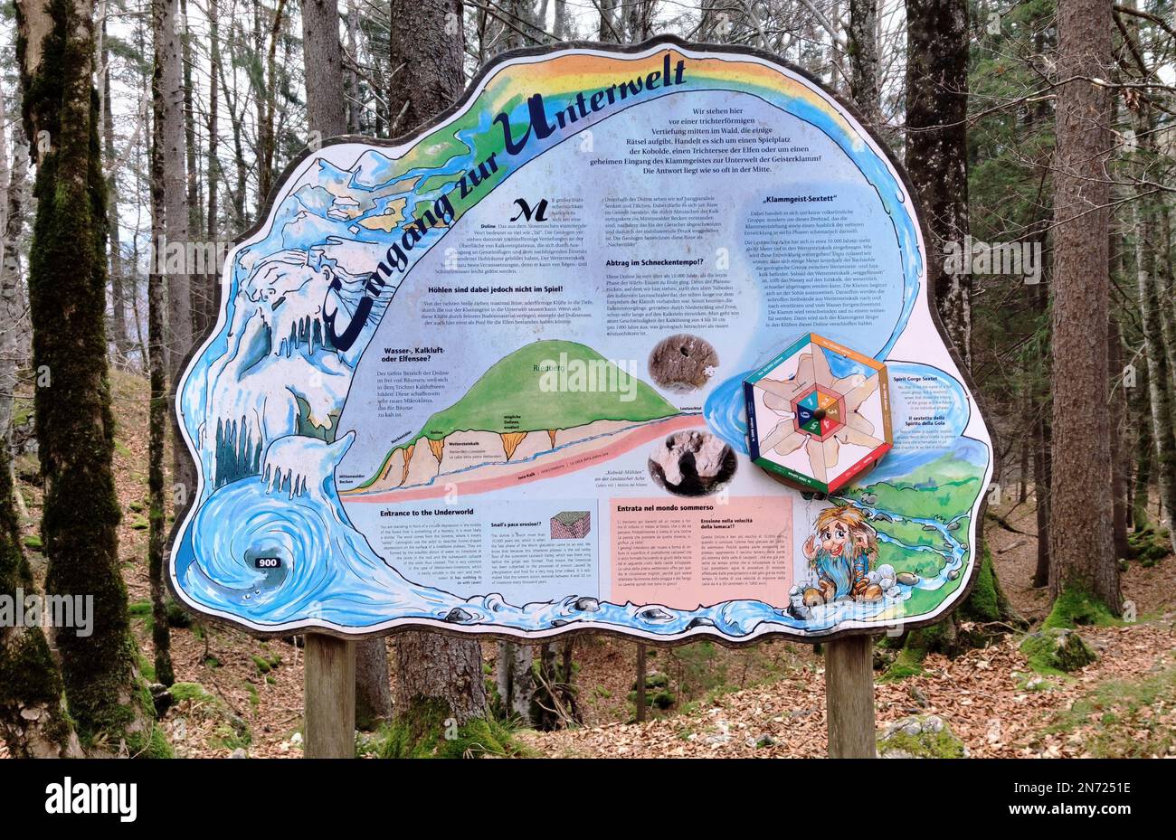 Bacheca con informazioni sulla natura e Leutascher Geisterklamm Foto Stock