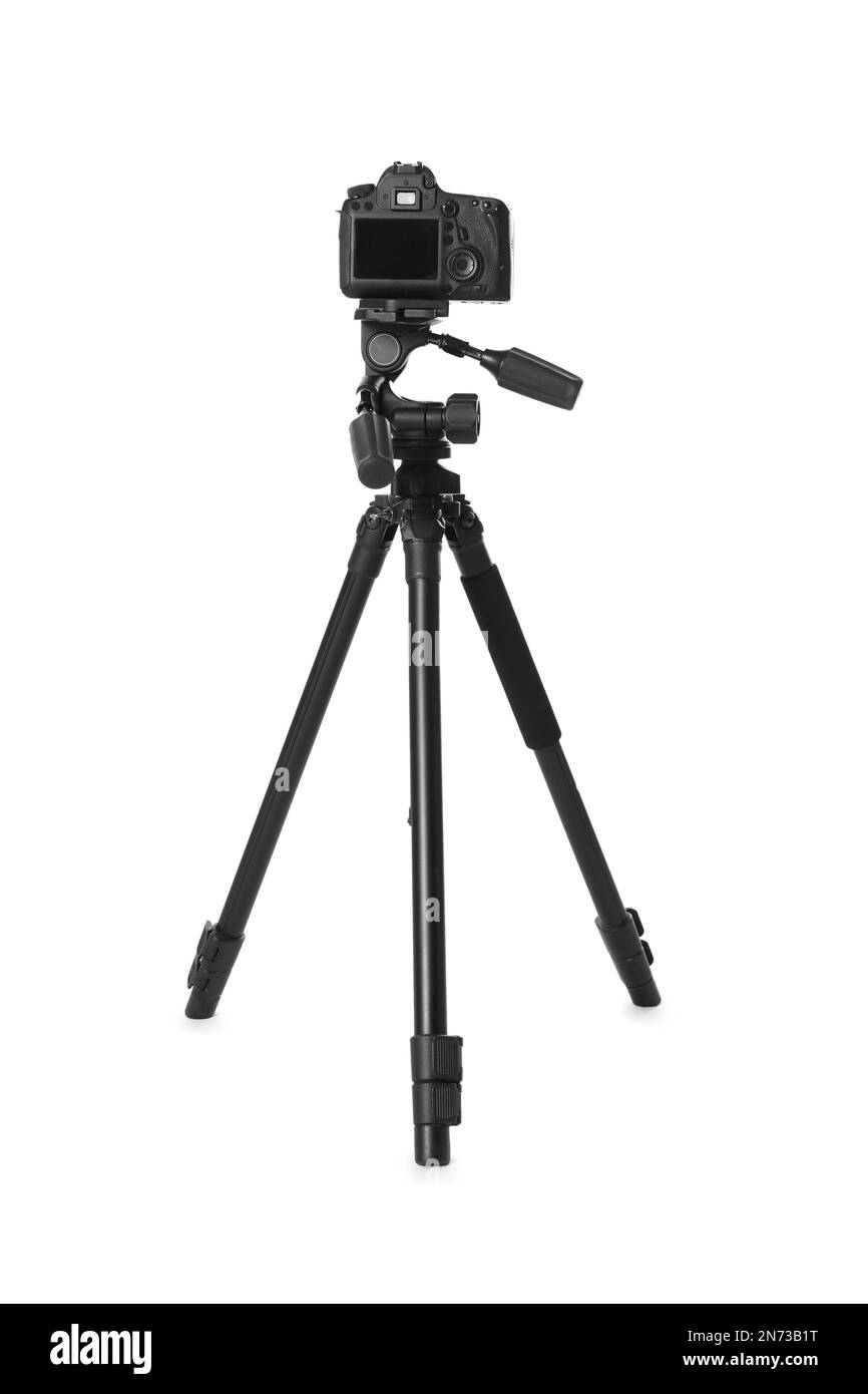 Treppiede moderno con fotocamera isolata su bianco Foto Stock
