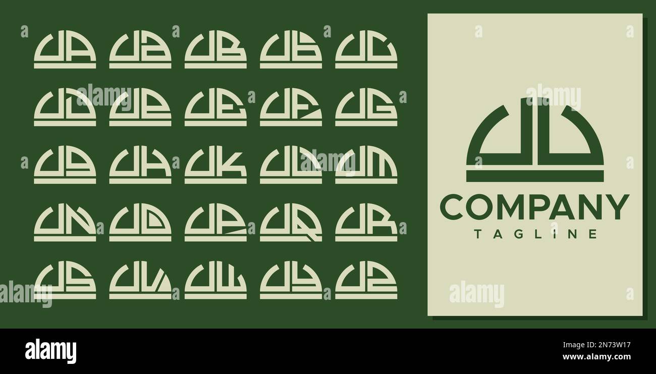 Set astratto con logo U a forma di semicerchio. Logo UU U U a curva moderna. Illustrazione Vettoriale