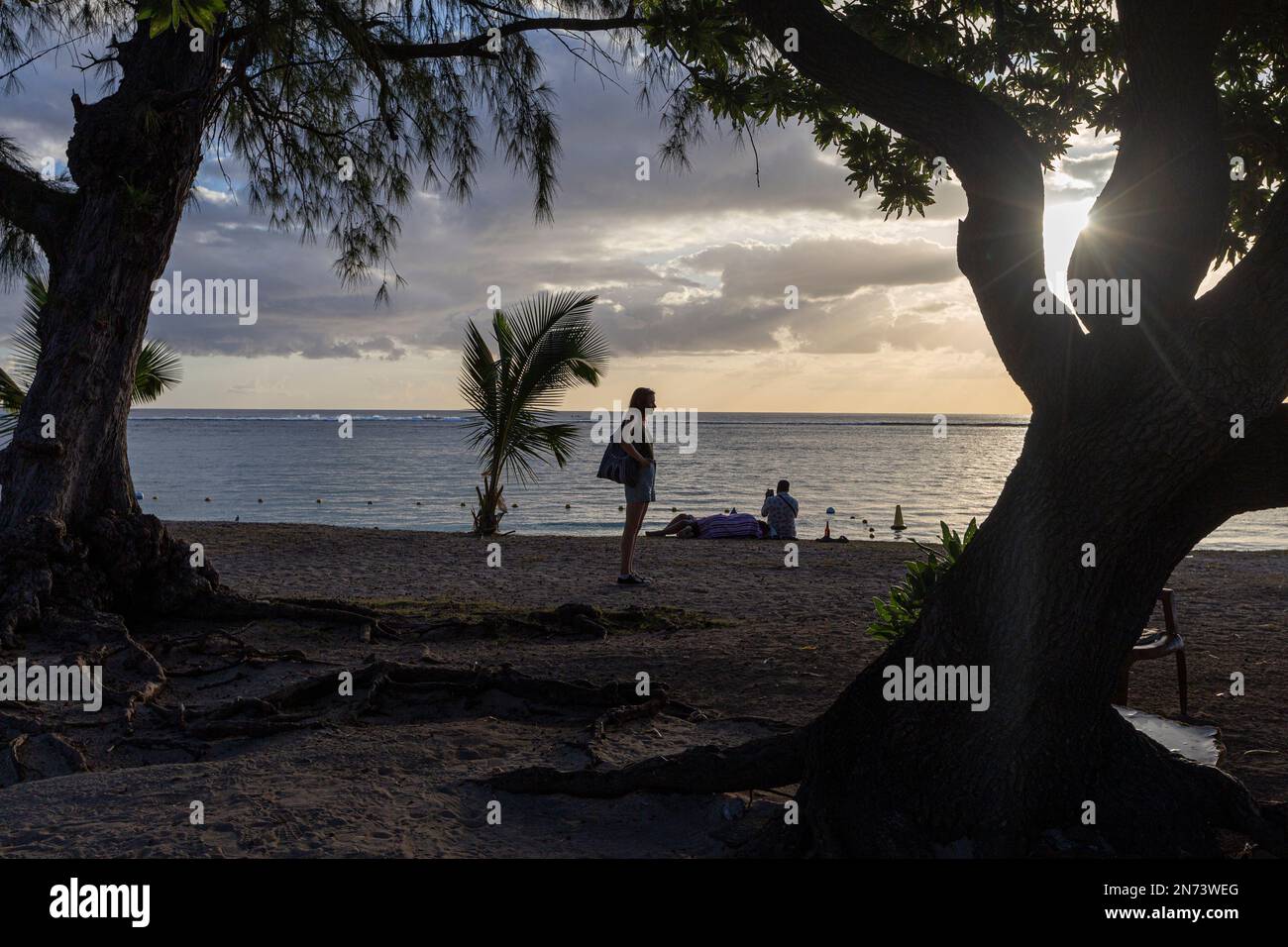 Una donna in piedi tra gli alberi sulla spiaggia di flic en Flac a Mauritius Island, Africa Foto Stock
