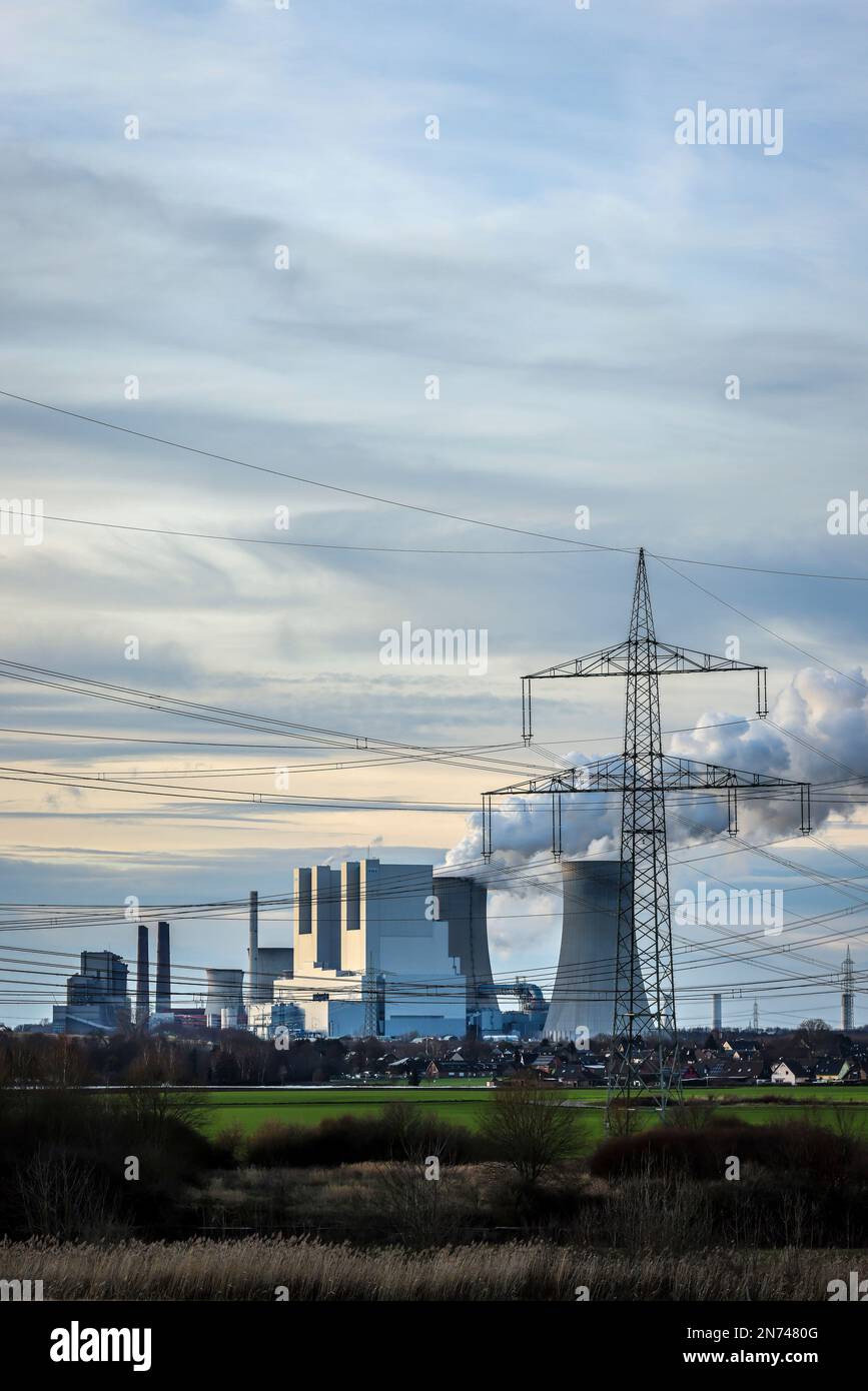 Grevenbroich, Renania settentrionale-Vestfalia, Germania - centrale elettrica di RWE Power AG Neurath, centrale elettrica a lignite presso la miniera di lignite di Garzweiler, opencast di RWE, Foto Stock