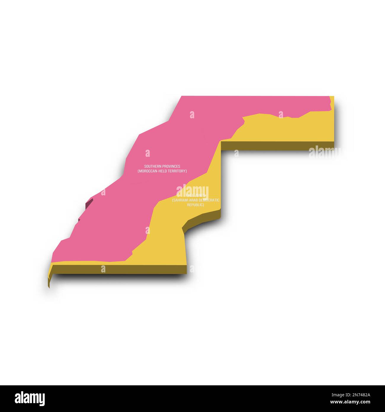 Mappa occidentale della terra divisa tra il Marocco e la Repubblica Araba Democratica del Sahara dal Muro del Sahara Occidentale del Marocco. Mappa vettoriale 3D colorata con ombreggiatura e etichette con il nome del paese. Illustrazione Vettoriale